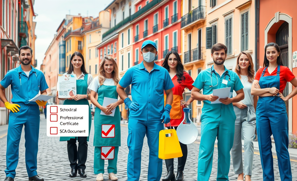 Un addetto alle pulizie con strumenti e documenti richiesti per il lavoro.