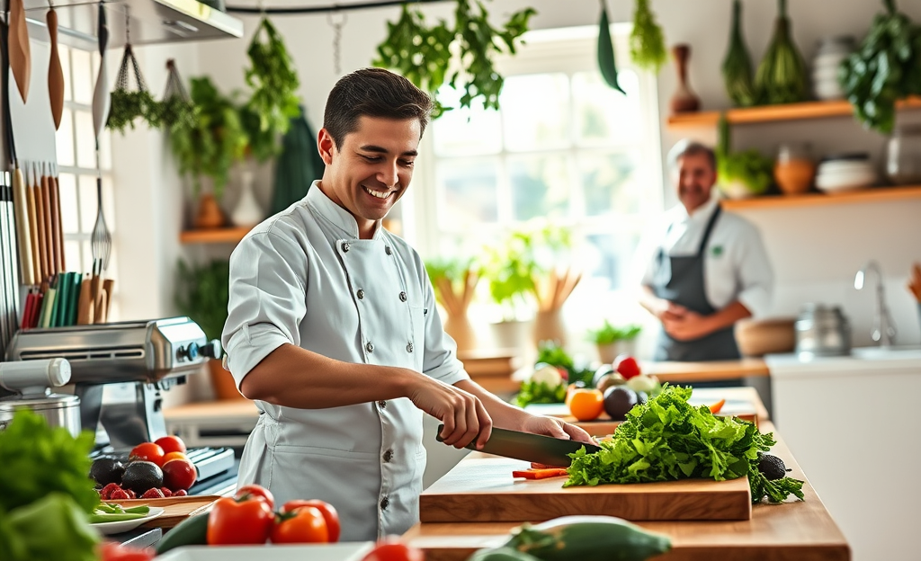 Chef supervisiona un aiuto cuoco mentre preparano ingredienti in cucina.