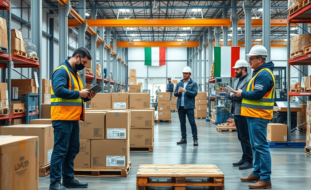 Immagine di lavoratori in un magazzino, impegnati nella gestione degli ordini e nella sicurezza sul lavoro.
