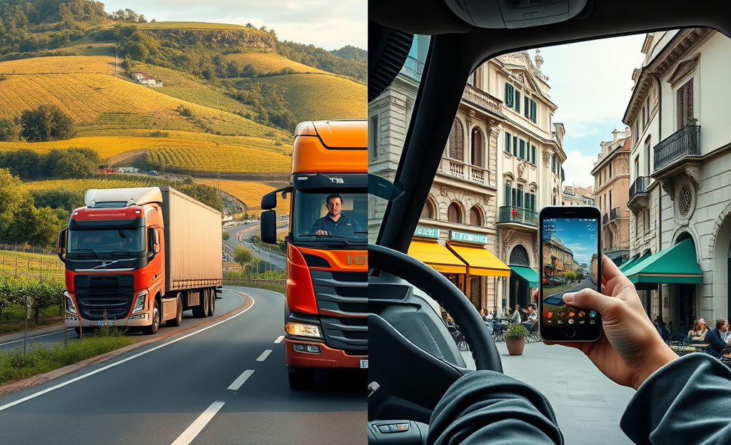 Un autista professionista al volante di un camion, con app di navigazione sul cruscotto.