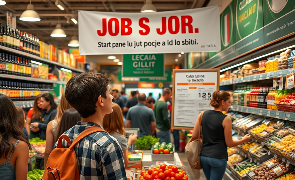 Esposizione dei prodotti in un supermercato moderno con un lavoratore sorridente in uniforme