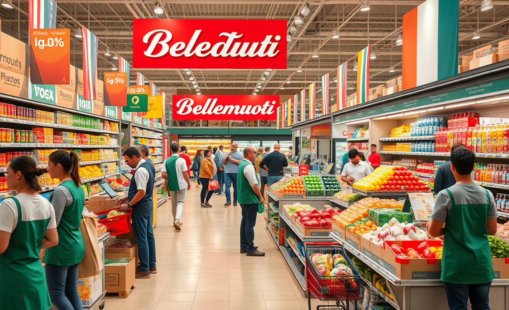 Personale del supermercato al lavoro tra scaffali e cassa.