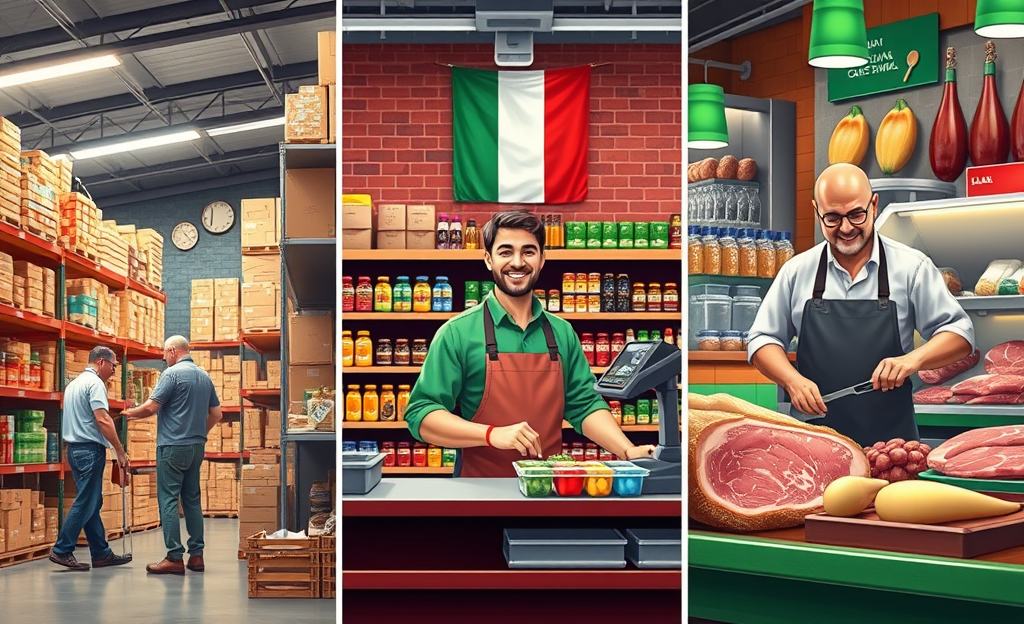 Immagine di lavoro in un supermercato, con magazziniere, cassiere e macellaio al lavoro