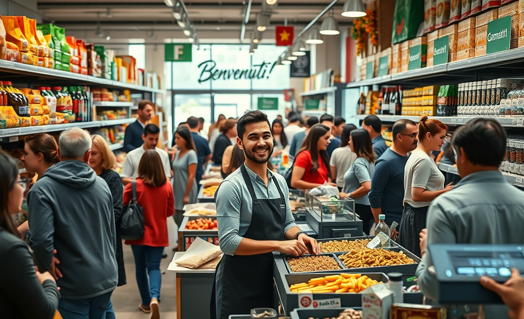 Una persona al lavoro in un supermercato, sorride mentre organizza i prodotti sugli scaffali.