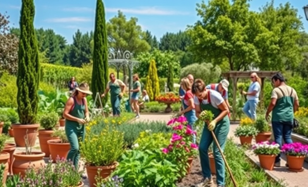 Immagine di giardiniere al lavoro in area verde durante stagione estiva