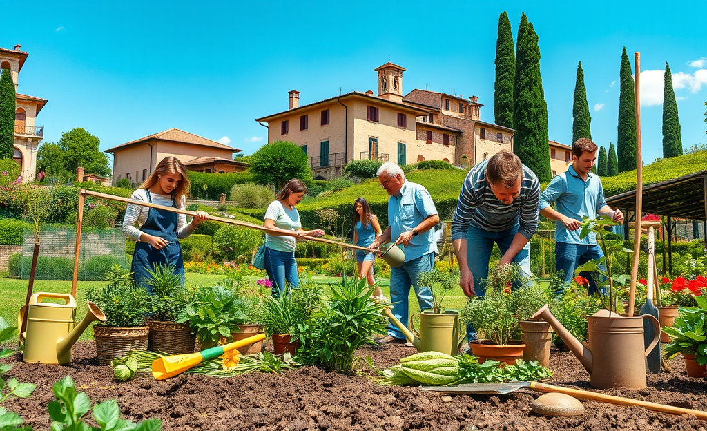 Persona che lavora in un giardino, potando piante.