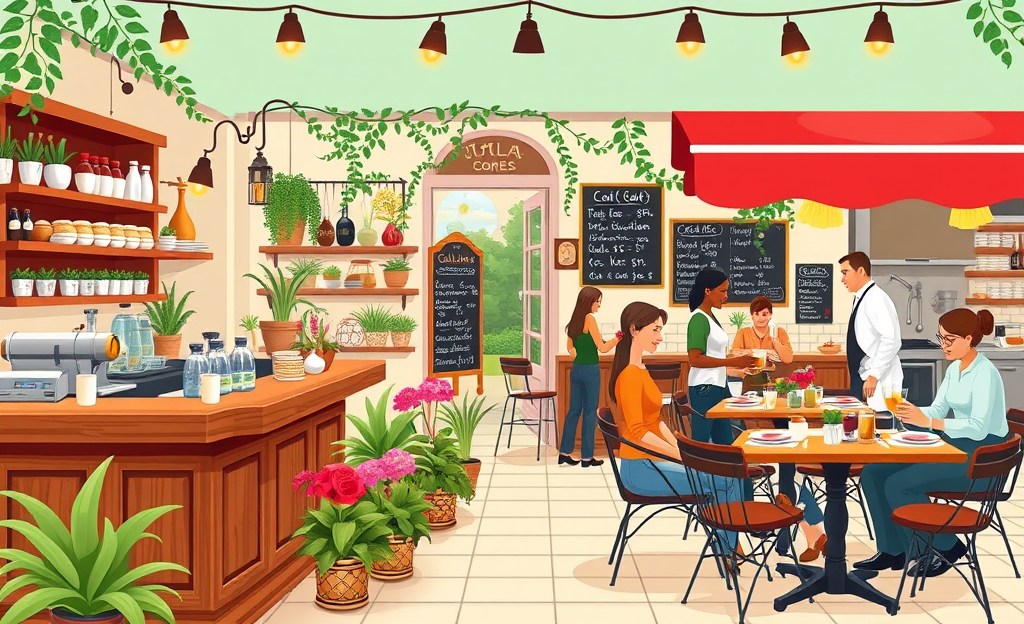 Immagine di persone che lavorano in un ristorante o bar, illustrando diverse posizioni lavorative come cameriere e barista.