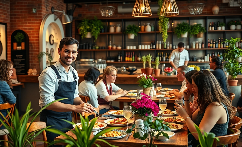 Personale di un ristorante al lavoro, servendo cibo e bevande.