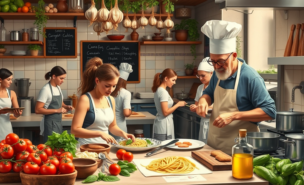 Immagine di uno chef principiante che lavora in una cucina di ristorante, apprendendo le basi della cucina e migliorando le sue abilità culinarie.
