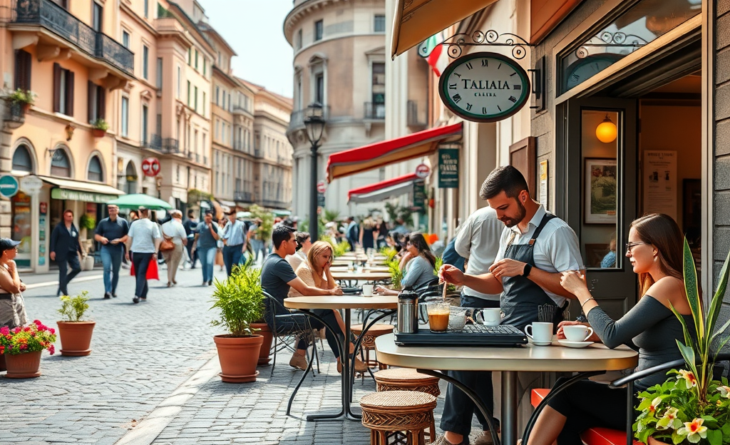 Immagine di un barista che prepara un caffè in un bar affollato.