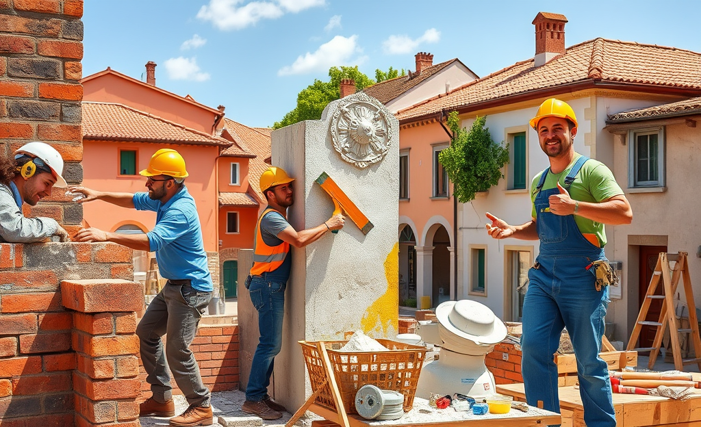 Un muratore, un pittore e un aiutante al lavoro in cantiere