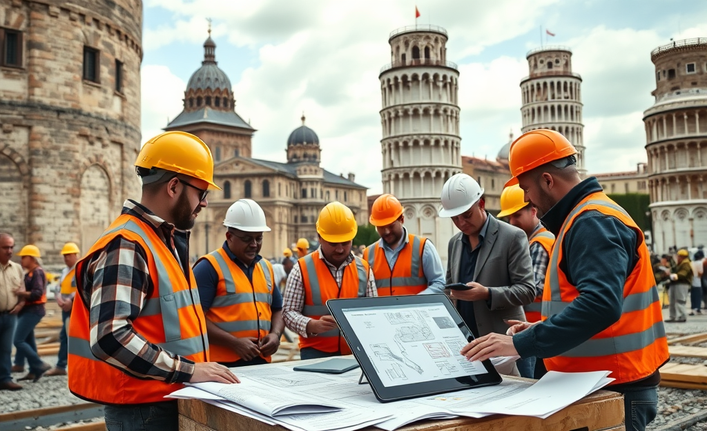 Operai edili in un cantiere con attrezzi.