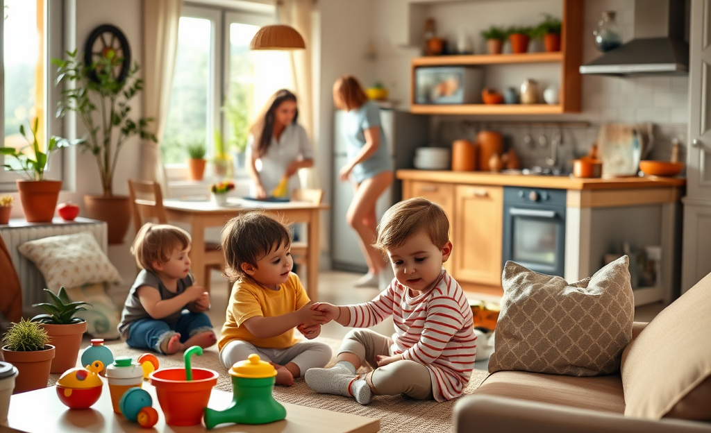 Immagine di una baby sitter che gioca con i bambini in un ambiente domestico