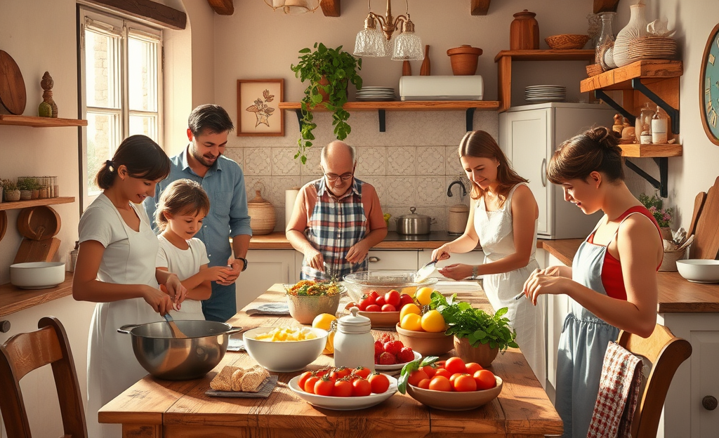 Immagine di una famiglia che svolge lavori domestici insieme con cura e affetto.