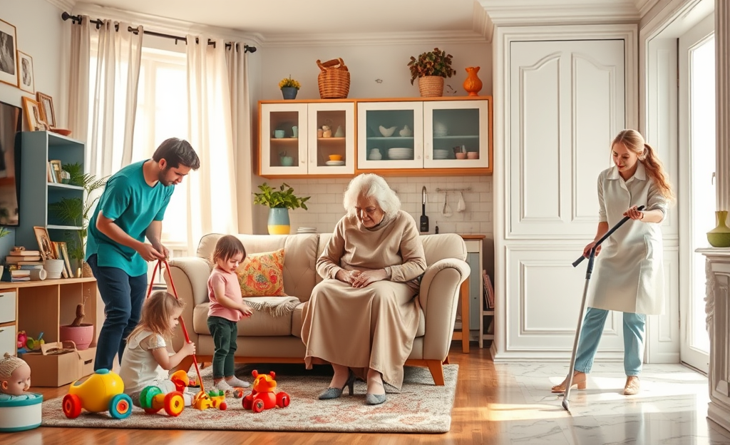 Immagine raffigurante una babysitter che gioca con un bambino, un badante che assiste un anziano e una domestica che pulisce una casa.