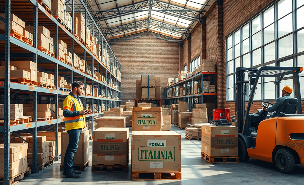 Operatori di magazzino al lavoro con carrelli elevatori