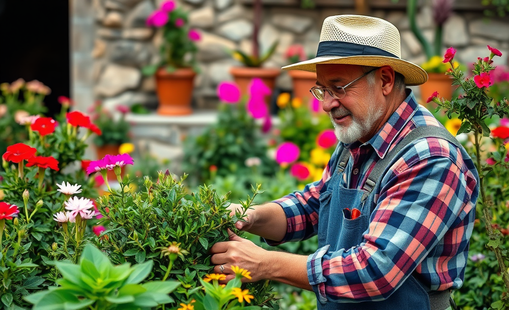 Un giardiniere al lavoro con attrezzi da giardinaggio in mano, circondato da piante verdi.
