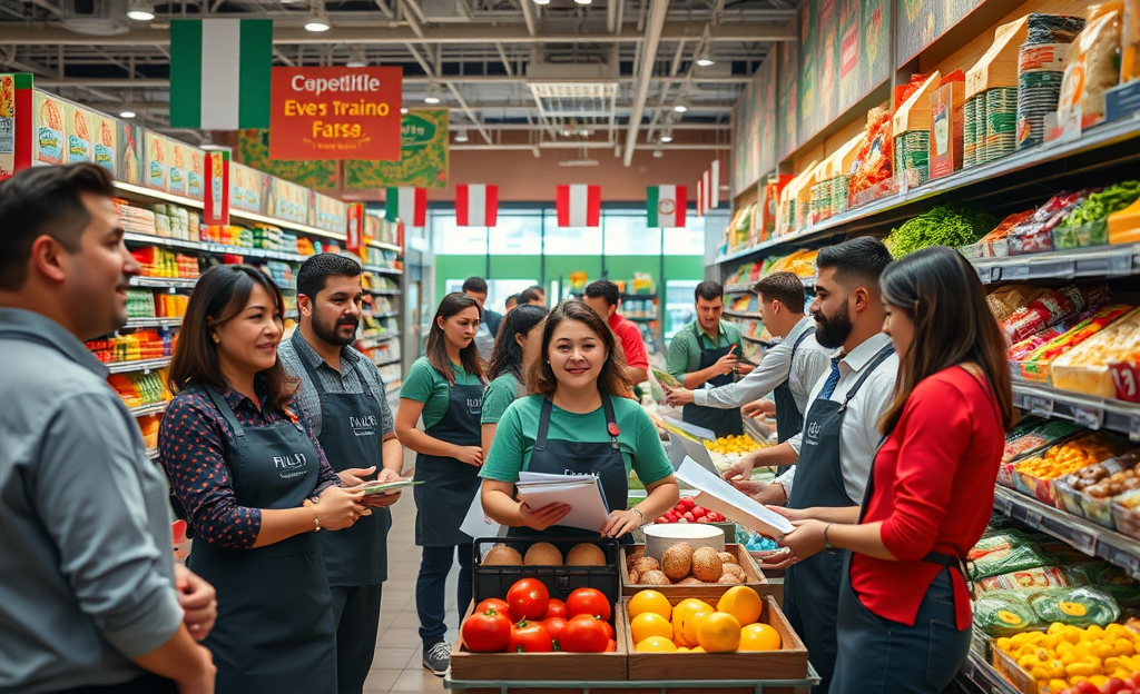 Immagine di un supermercato con cartelli di offerte di lavoro