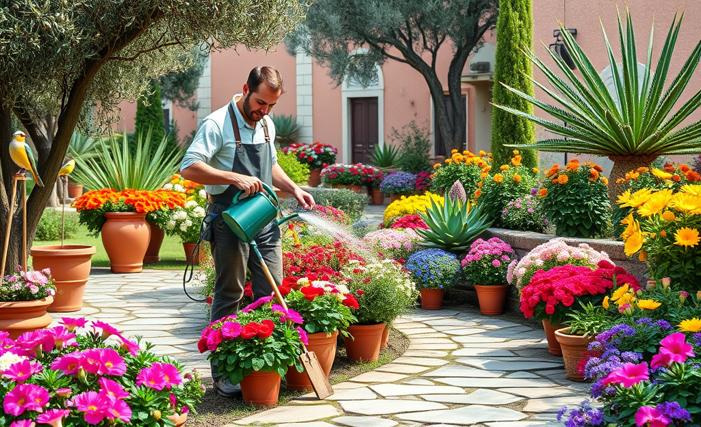 Persona che si prende cura di un giardino rigoglioso, innaffiando e sistemando piante