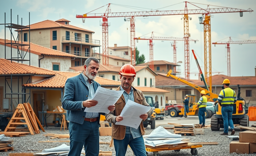 Operai e ingegneri lavorano su un cantiere edile in crescita