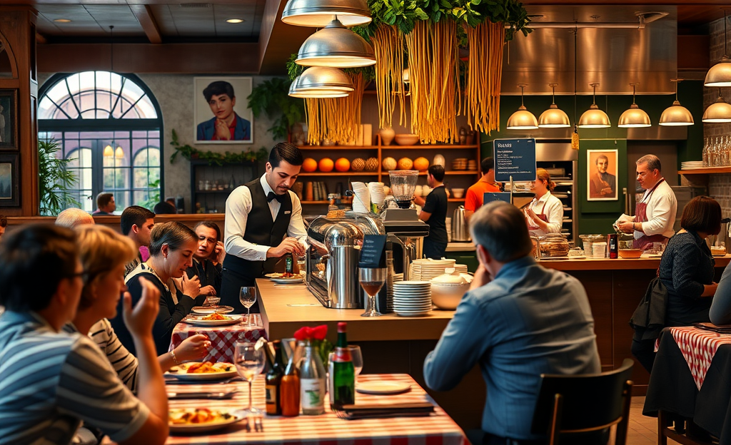 Un cameriere serve un piatto in un ristorante, mentre un barista prepara un caffè dietro al bancone, simbolizzando le competenze richieste nel settore della ristorazione.