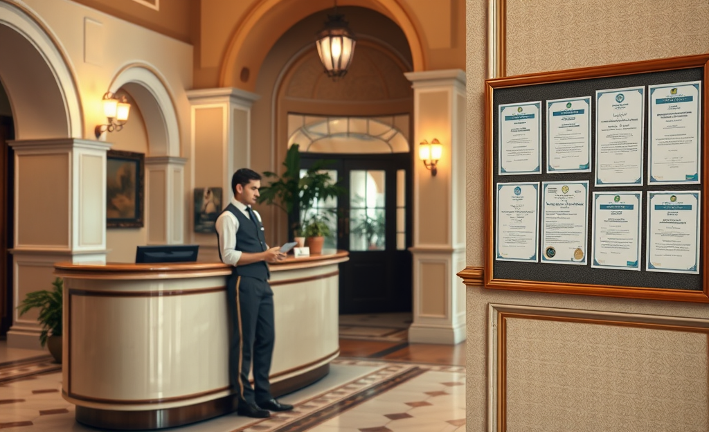 Persona che lavora alla portineria di un edificio con documenti e attrezzature di manutenzione.