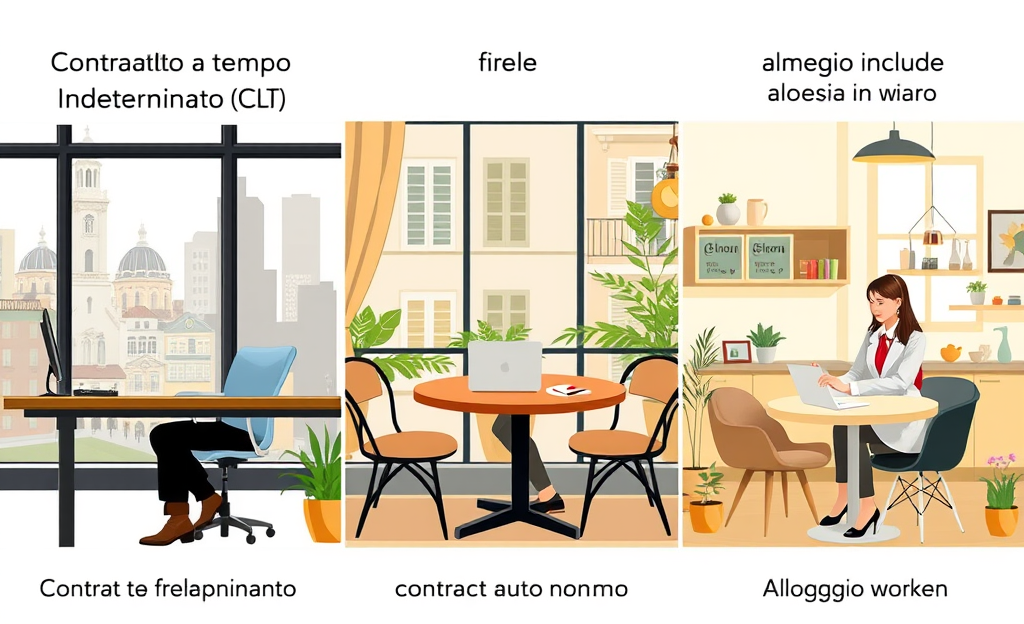 Immagine che illustra diversi tipi di contratti di lavoro in Italia, inclusi CLT, autonomo e con alloggio.